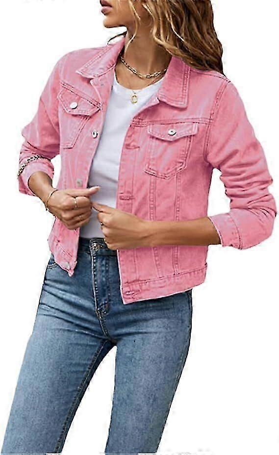 Women's Denim Jacket Casual Long Sleeve Lapel Solid Color Button Pockets Slim Fit Denim Jacket Spring Autumn Outerwear with Pockets