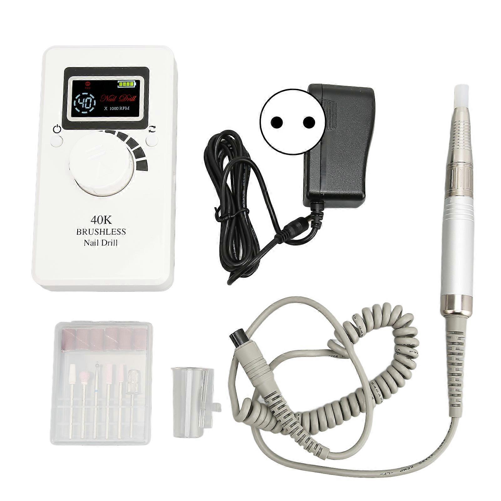 Nagelbohrmaschine CW CCW Rotation 40000RPM Nagelschleifmaschine Set mit 6 Polierköpfen Weiß