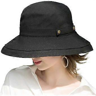 Damen Baumwolle Sonnenhüte mit breiter Krempe Upf50+ Uv Packable Strand Hut Sommer Eimer Kappe für Reisen (Schwarz)