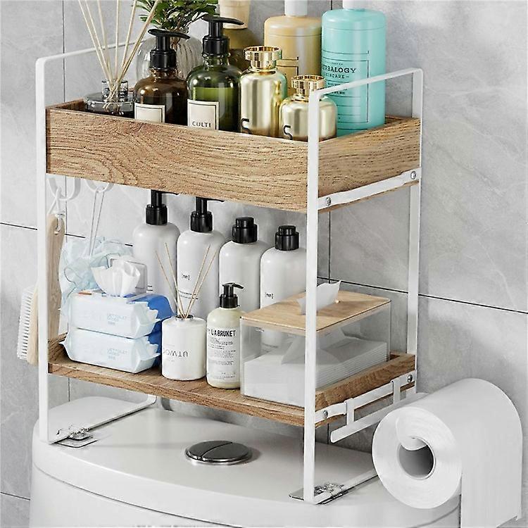 Multipurpose Over Toilet Storage Rack 2 Tiers Bathroom Organizer Shelf with Hooks