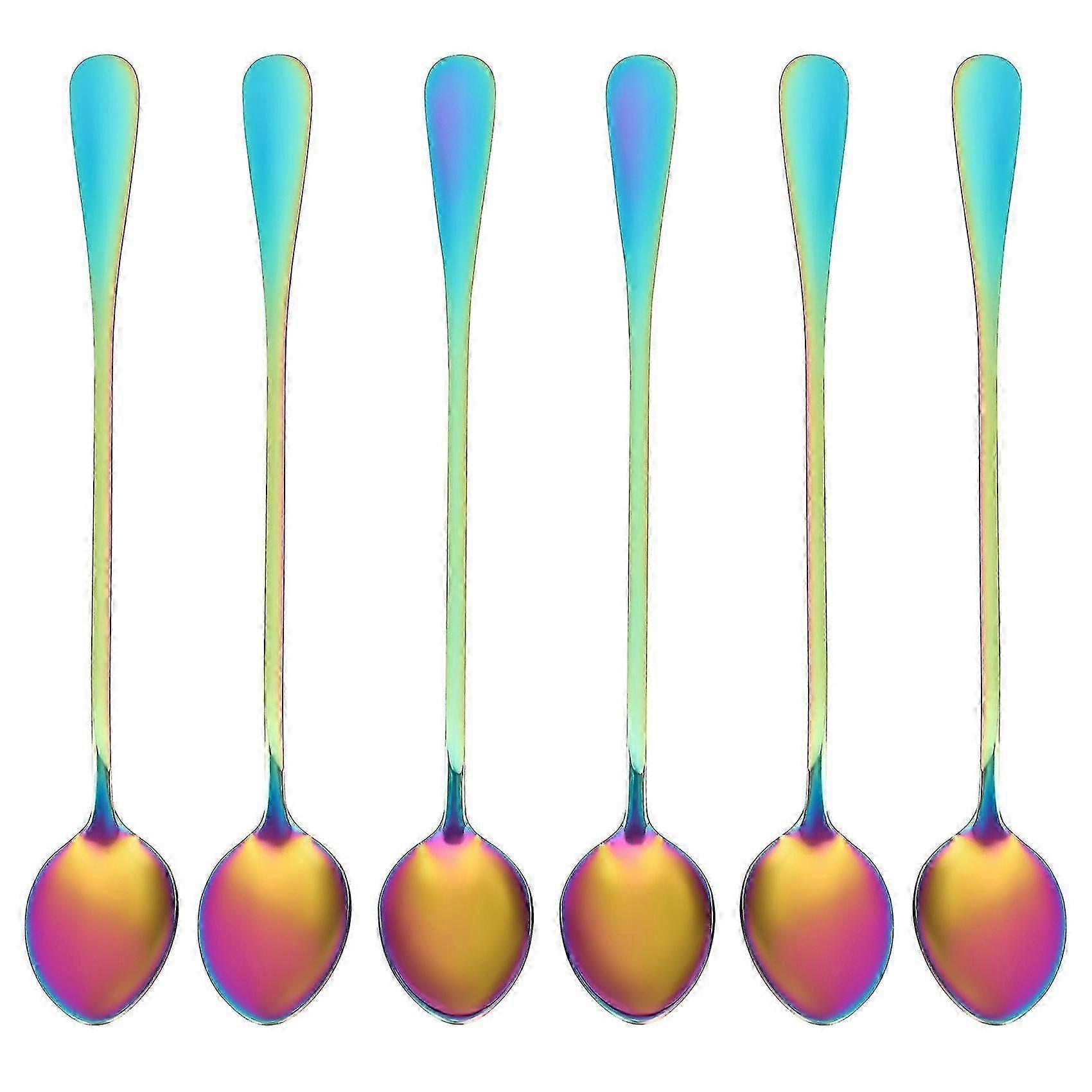 Rainbow Color Long-handle Coffee Teaspoons Set of 6, Ideal for Ice Cream and Dessert Stirring, Perfect Mixing Utensils
