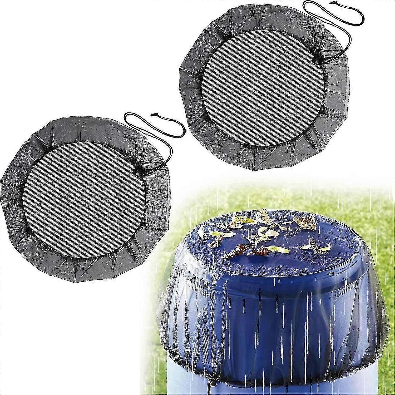 2pcs Mesh Cover For Rain Barrels, Rain Barrel Net Cover With Drawstring, Adjustable Rain Barrel Net For Outdoor Garden