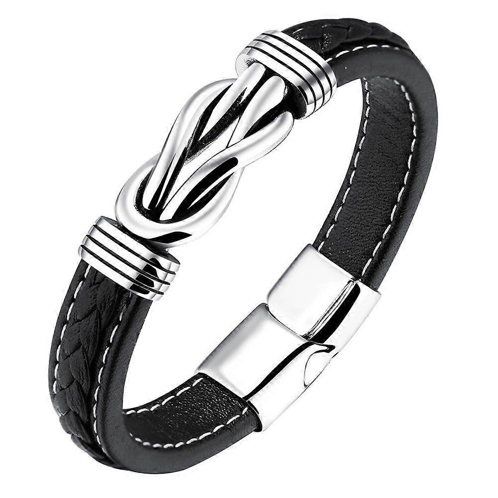 Stainless Steel Bangle Bracelet for Men and Boys, Black Leather Wrap Design, 20 cm Size, Creative Style
