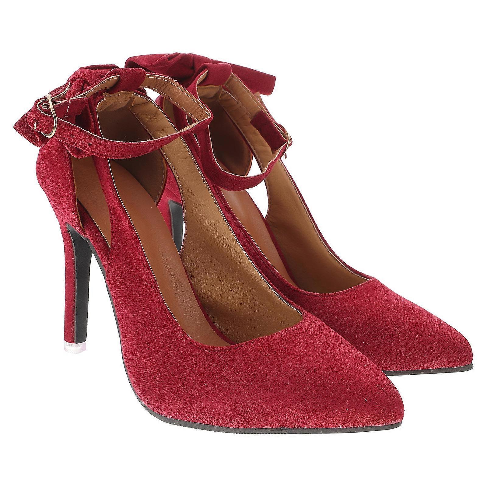 Ladies Heels Elegant Appearance Suede Material Ankle Strap Dark Red 1Pair