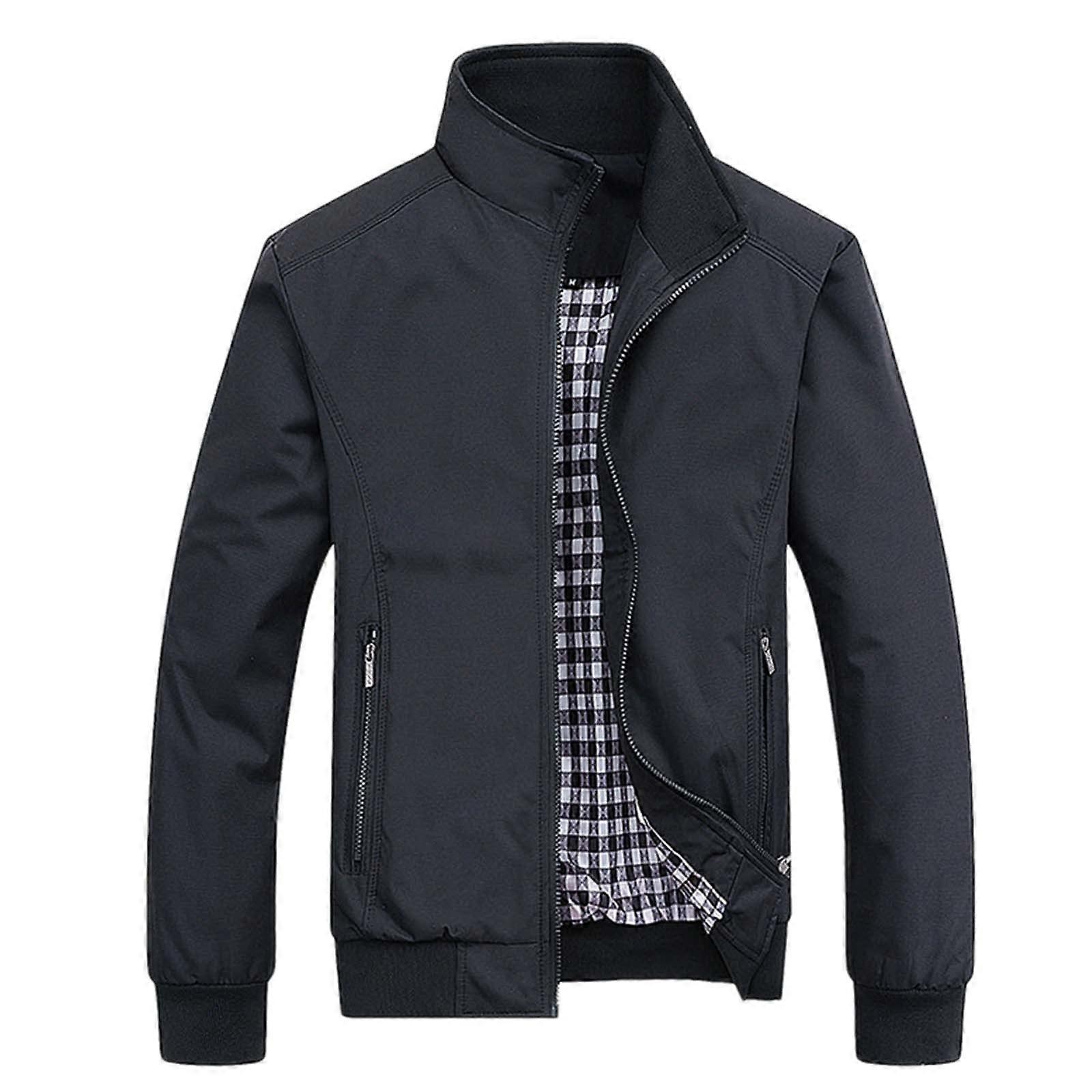 Moda Uomo Business Solido StandUp Collare Casual Grande Zip Giacca Camicia di Lino Uomo, nero, XL
