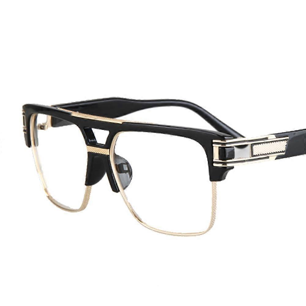 Square Optical Frame Glasses for Men, Large Black Metal Frame with Gold Logo, UV400 Simple Lens Design