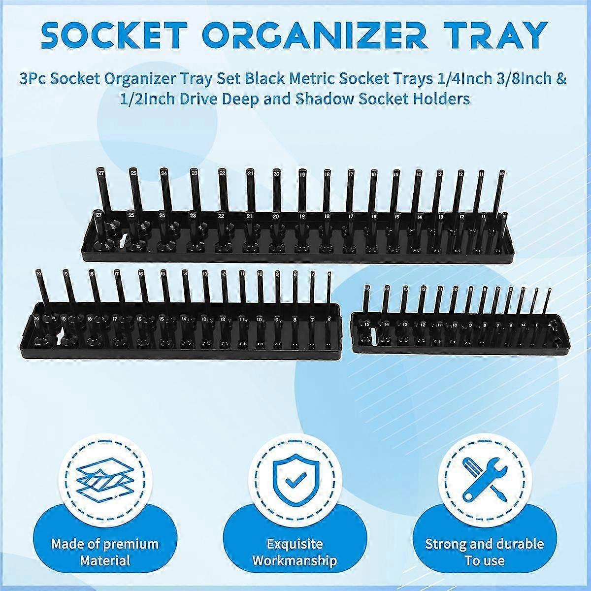 Uziurl 3-Piece Socket Organizer Tray Set – Black Metric Rails For 1/4", 3/8" & 1/2" Drive, Holds Deep & Shallow Sockets (4-27mm)