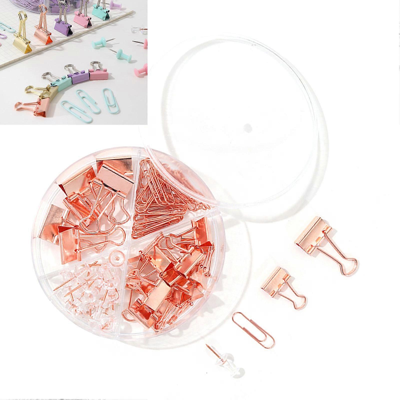 Paper Clips Binder Clips Assorted Multifunction Push Pins Sets with Box for Office School Document Rose Gold