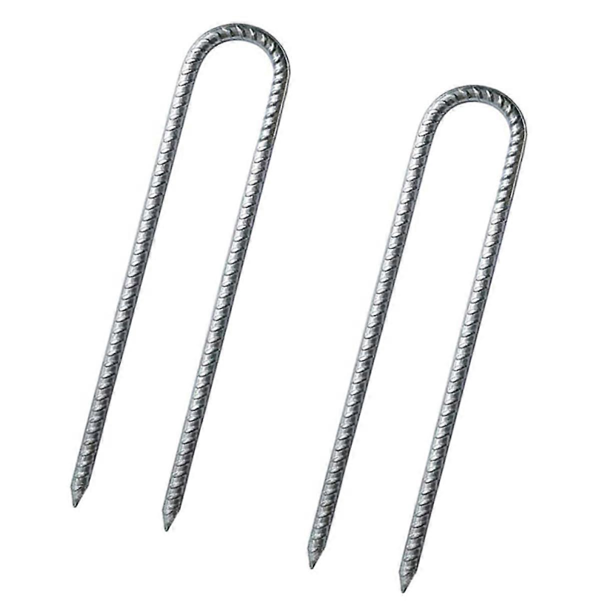 2 Ushaped stakes and trampoline anchors for camping and outdoor activities, portable for secure fastening of tents, swings, and trampolines.