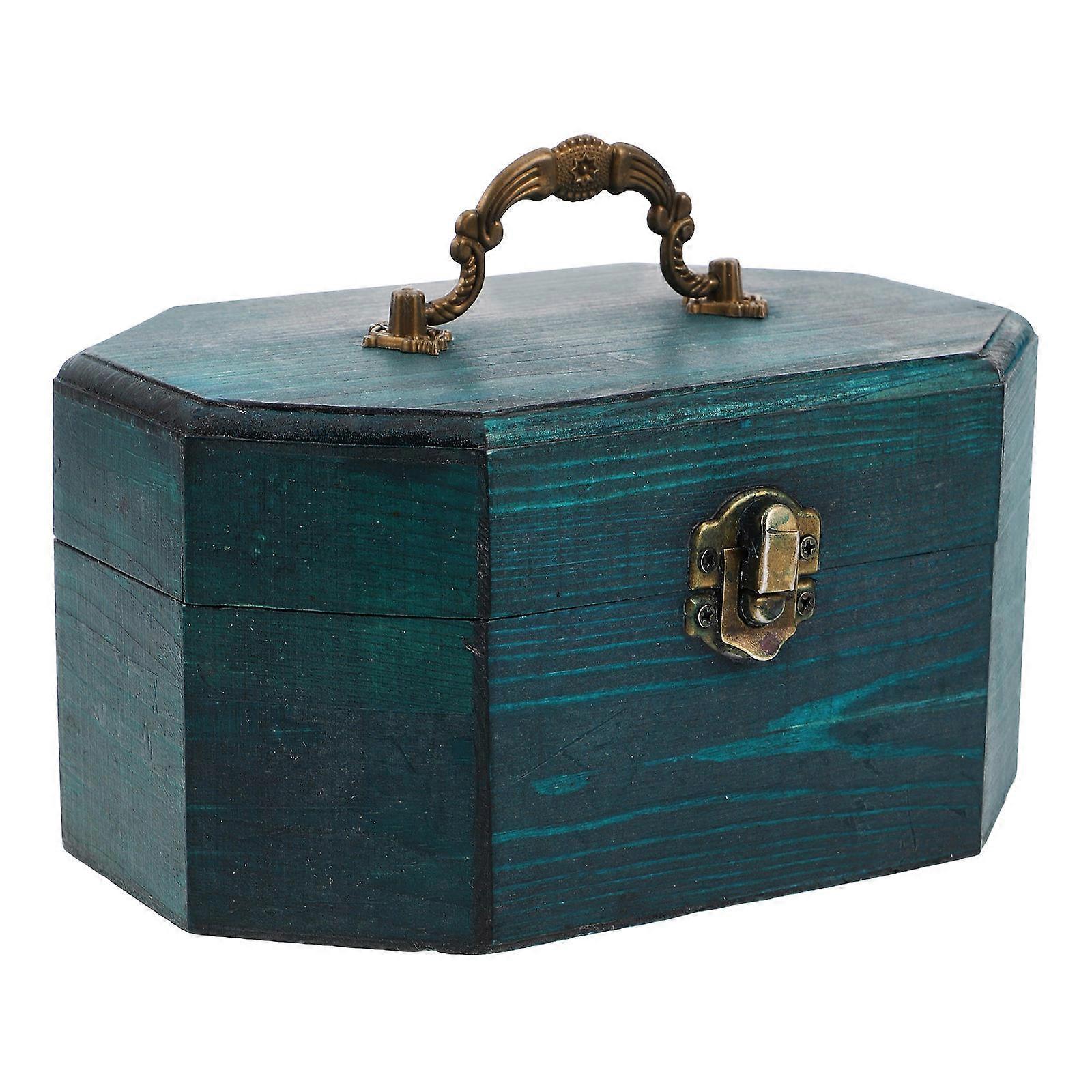 Vintage Wooden Jewelry Box Storage Chest For Trinkets Home Use Dark Green Octagonal Design With Handle 1Pack