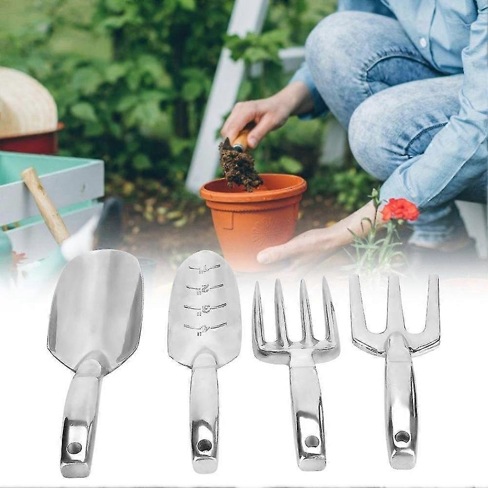 4-Piece Silver Handle Garden Tool Set - Includes Shovel, Spade, Rake & Plastic Hand Tools for Efficient Planting & Landscaping