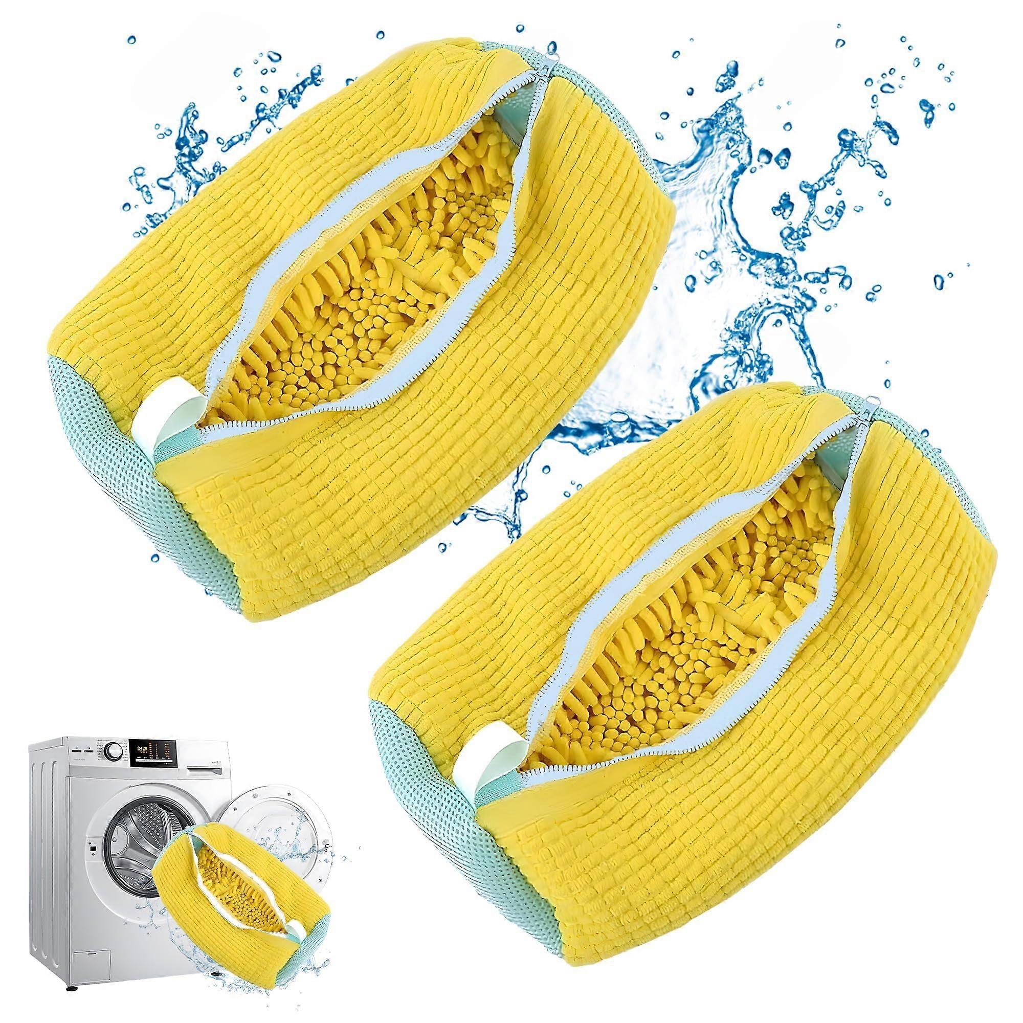 Pack of 2 Laundry Net Shoes, Shoe Wash Bag with 360° Cleaning Fluff, Reusable for Washing Machine  Yellow (2)