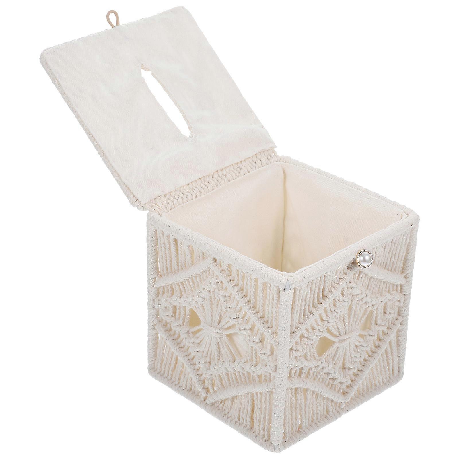 Modern Tissue Dispenser with Iron and Cotton Rope Material for Home Use Beige Color Fits Standard Size Tissue Boxes