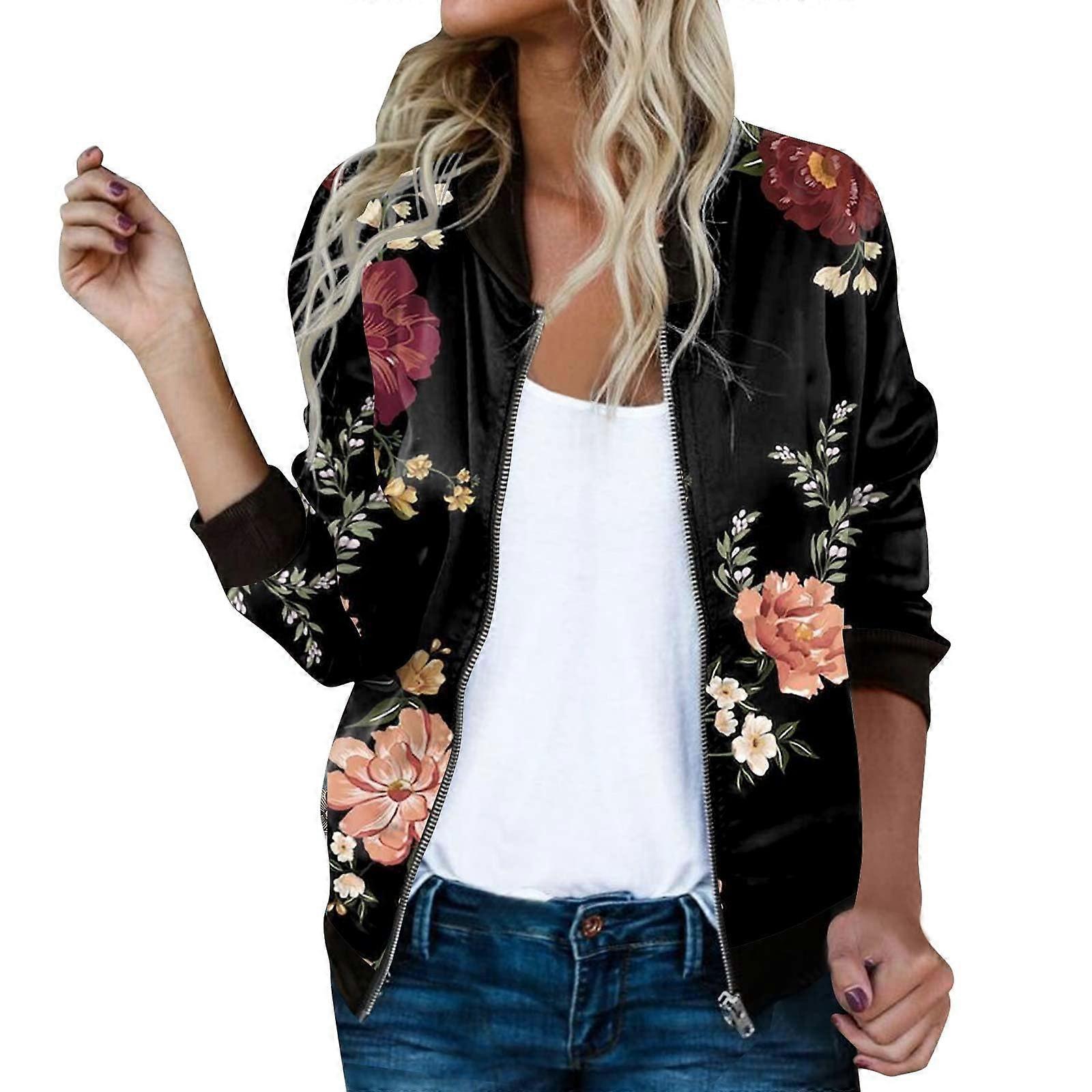 Womens Cropped Bomber Jacket Floral Casual Lightweight in Autumn and Spring XXL