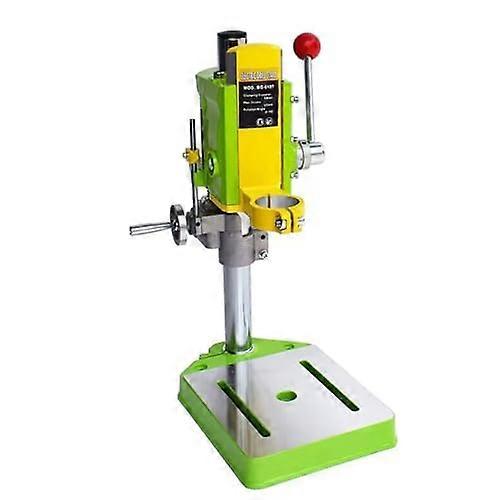 Electric drill stand with aluminum vise, 90° rotatable frame, and adjustable depth for precision DIY projects.
