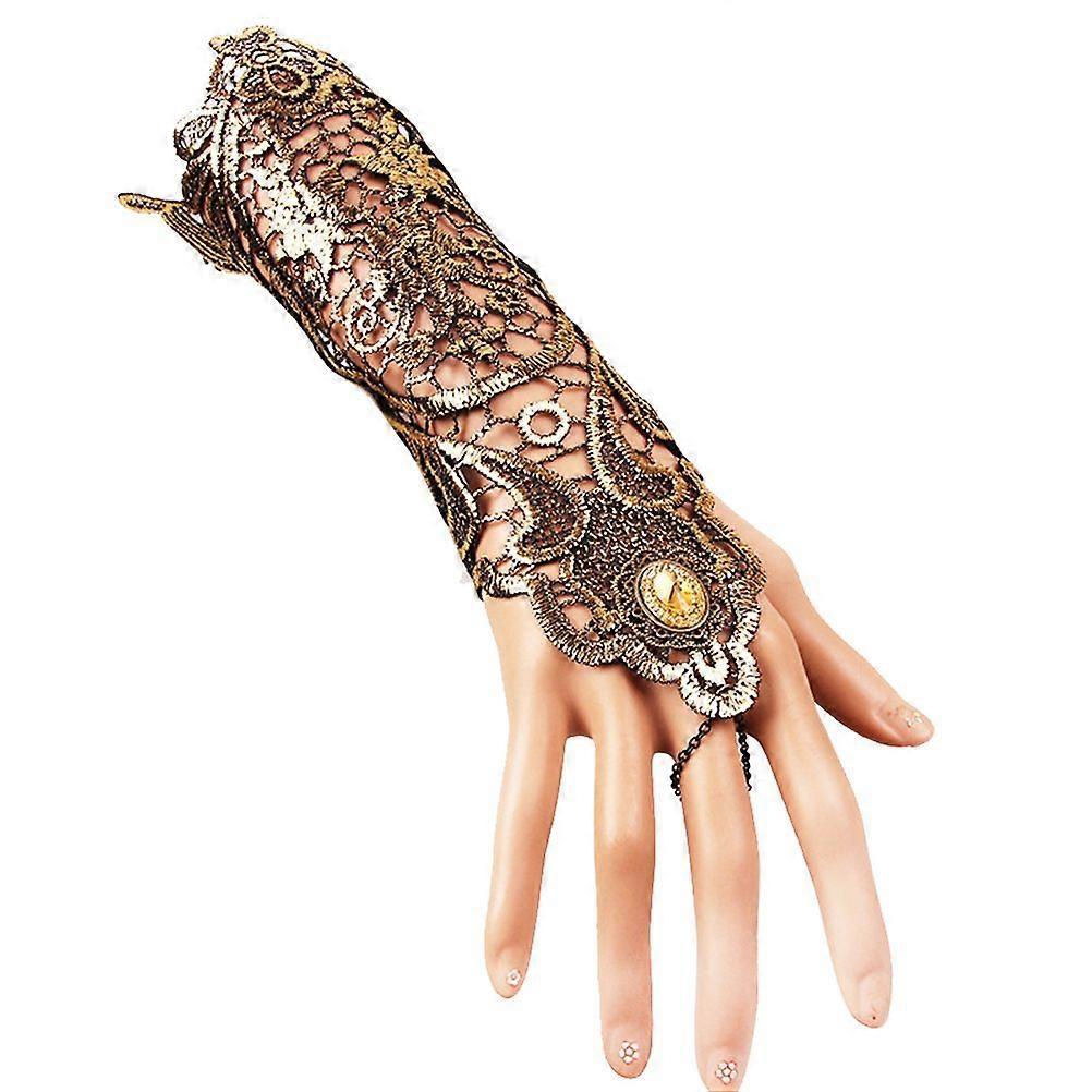 Classical Lace Bracelet Gloves Womens Girls Elegant with Ring  Style Lace Bracelet with Finger Ring Golden