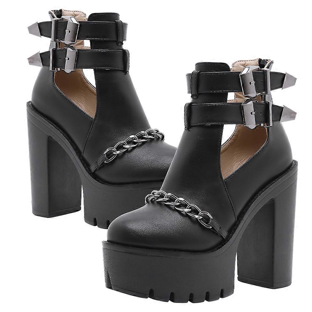 Women Lug Sole Boots Ankle Length Black Pu Rubber Breathable Moisture Absorption Comfortable 1Pair