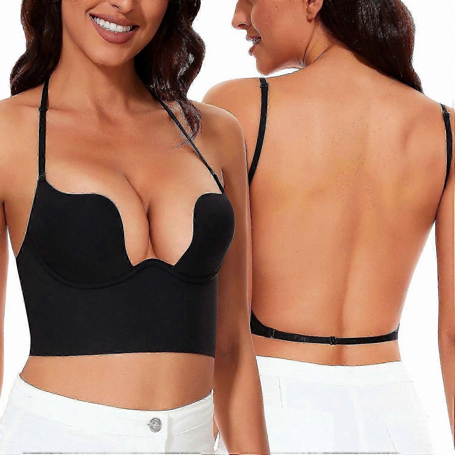 Women's Low Back Bras - Seamless Deep U Plunge Convertible Multiway Halter Backless Bra with Low Cut Open Design