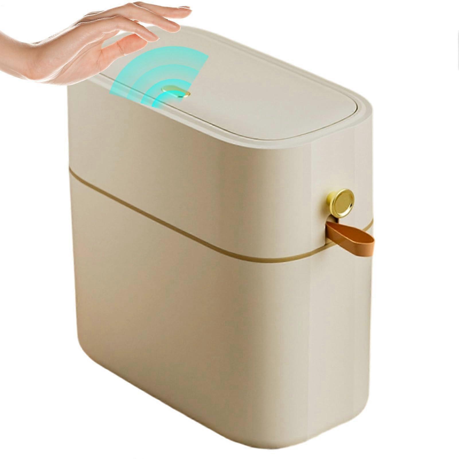 Bathroom Garbage Can with Lid, 8L Slim Trash Can for Narrow Spaces, Beige Yellow Bedroom and Kitchen Waste Bin