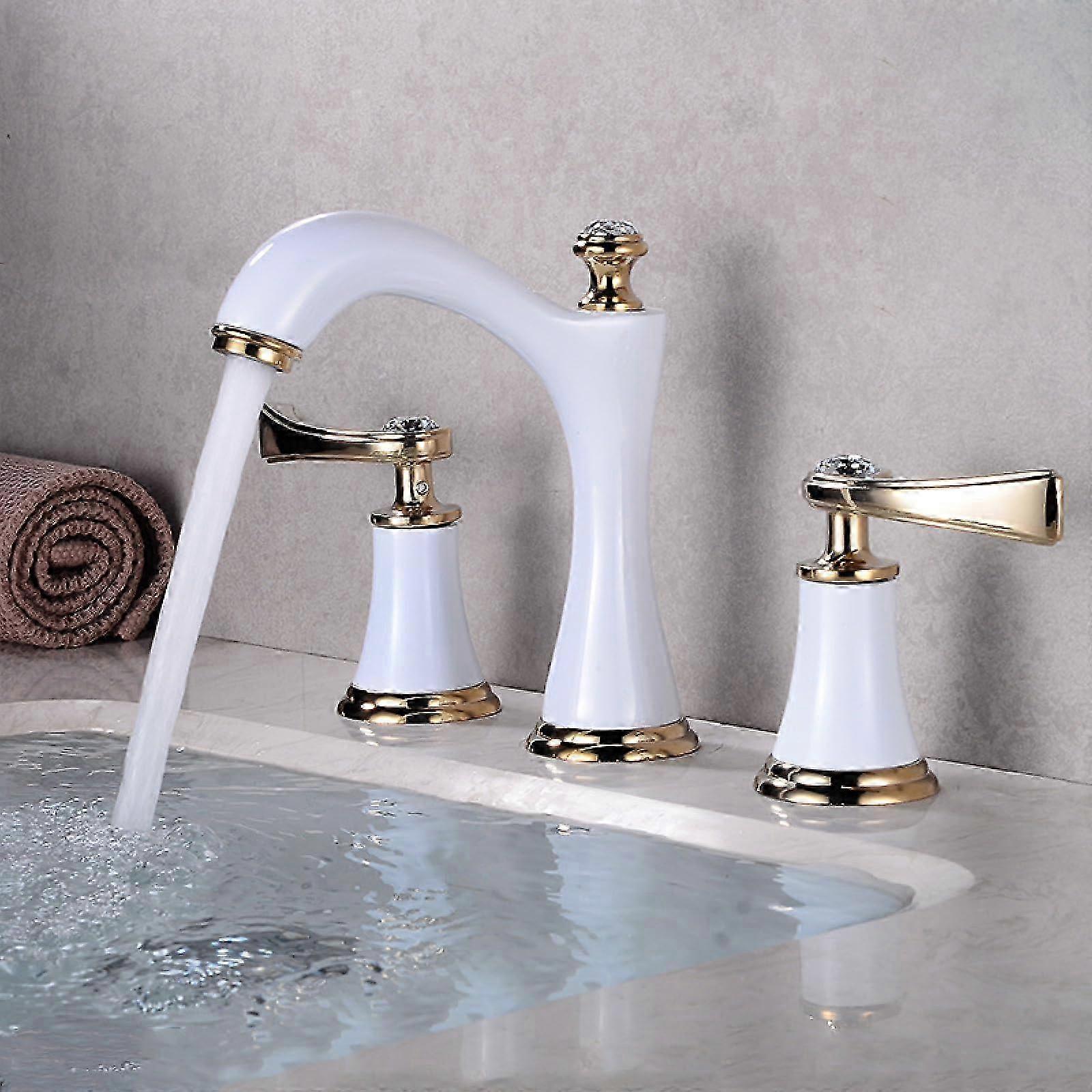 Bathroom Faucets, 3 Hole, Brass, 2Handle, Touch On, White Gold