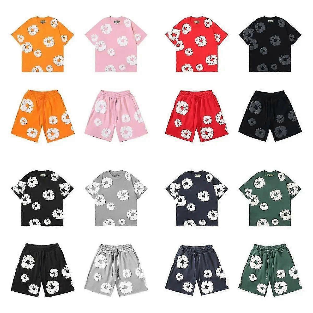 Casual Printed Short Sleeve and Shorts Set Unisex Polyester Loose Fit