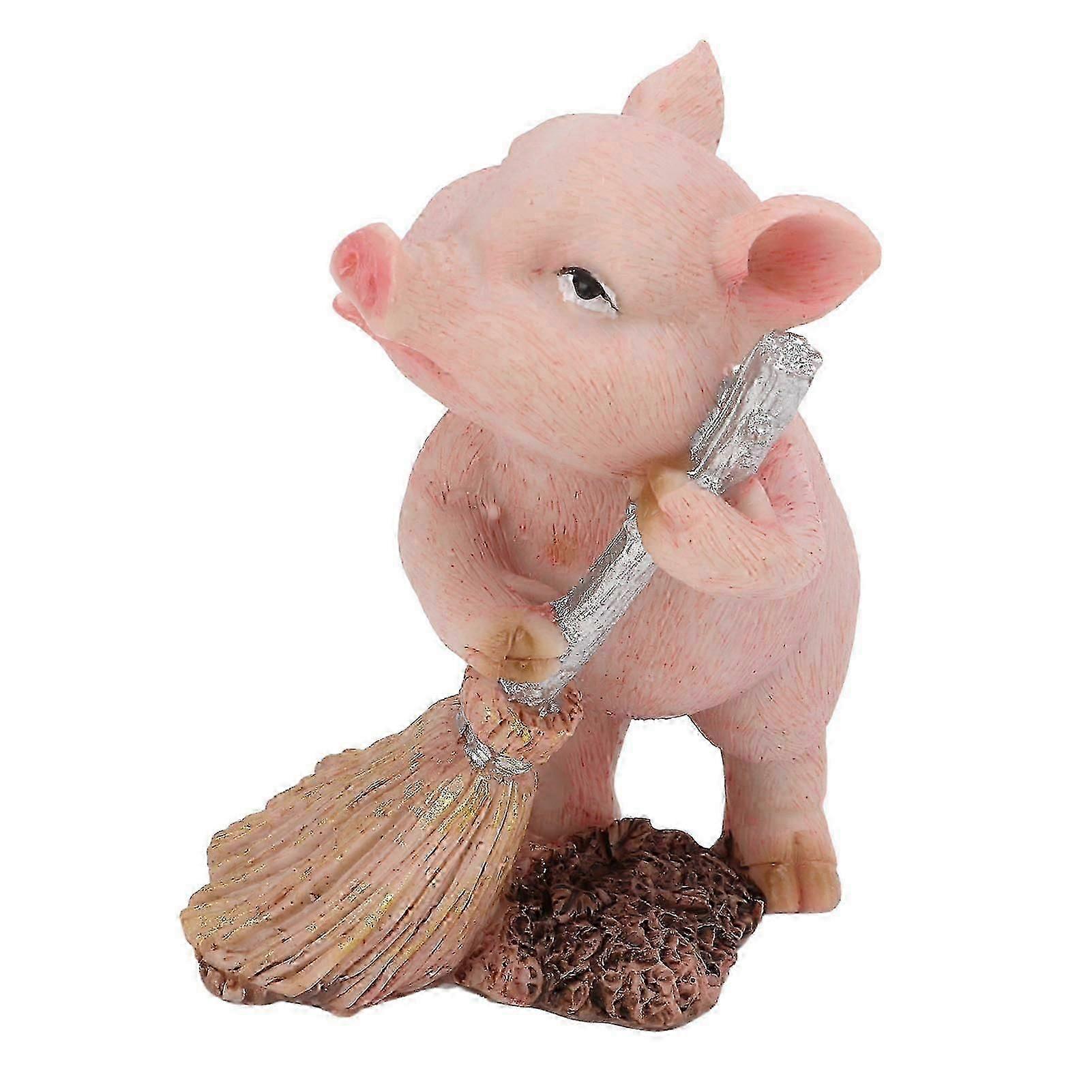 Pig Figurine Miniature Size Premium Durable Resin Floor Sweeping Design Country Style Piggy Figurine