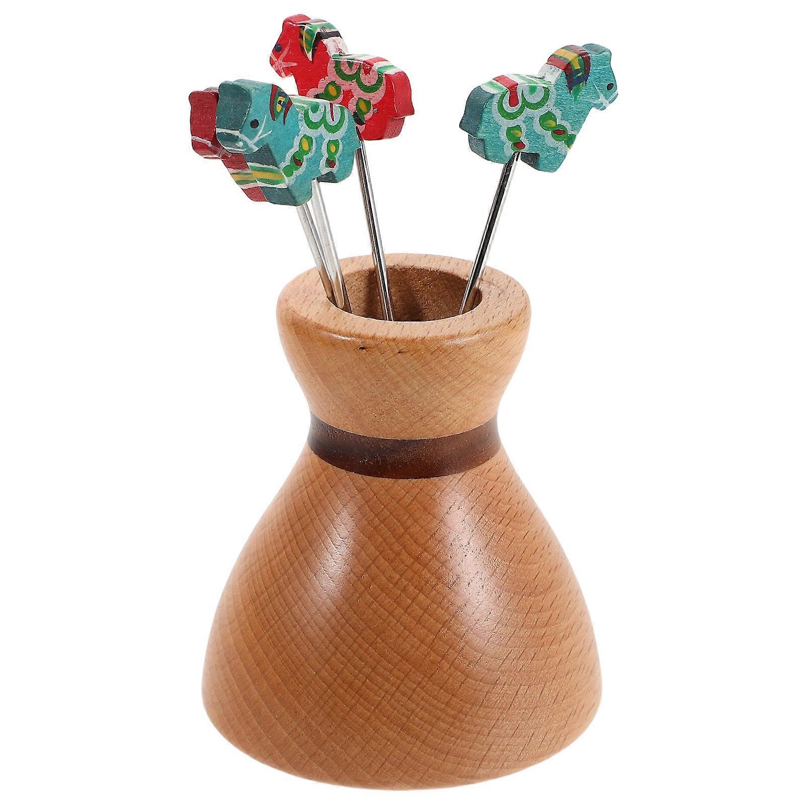 Red Wood Fruit Fork Set for Gathering with Cartoon Motif and Wood Holder