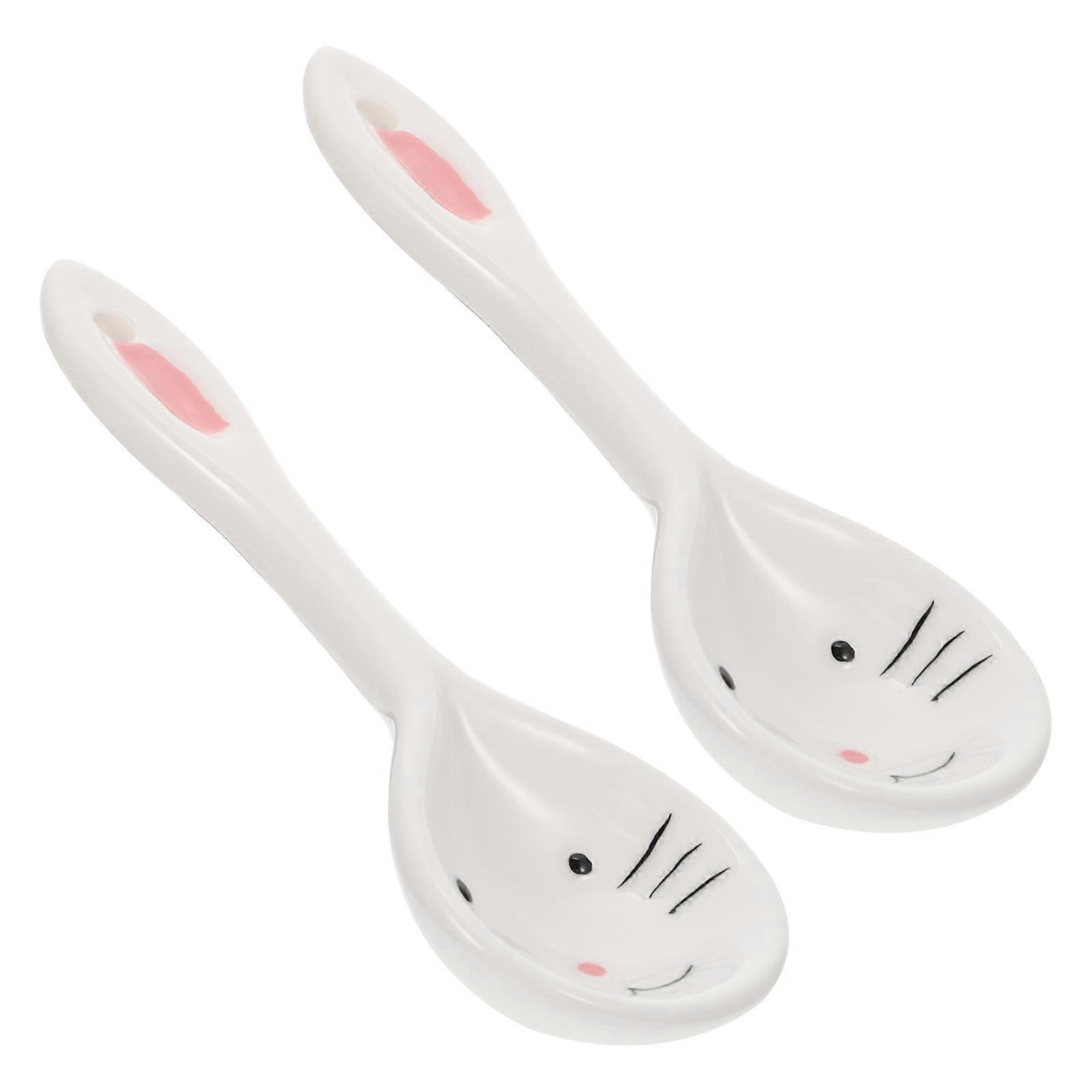 2 Pcs Serving Utensils Kids Tableware Bunny Design Spoons Ceramic Rabbit Ceramics