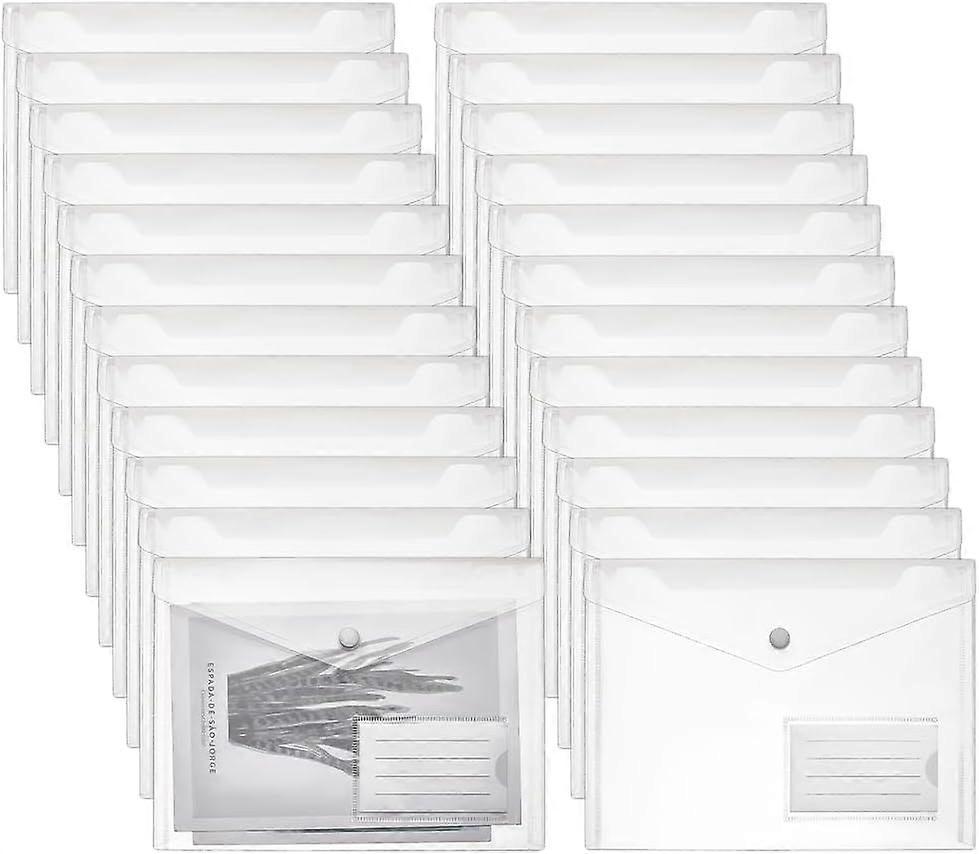 24 Pcs Clear A5 Plastic Envelopes 9.25x7.08inch Transparent Document Storage Bags Snap Button File Pockets for School Office Home Organization Waterpr