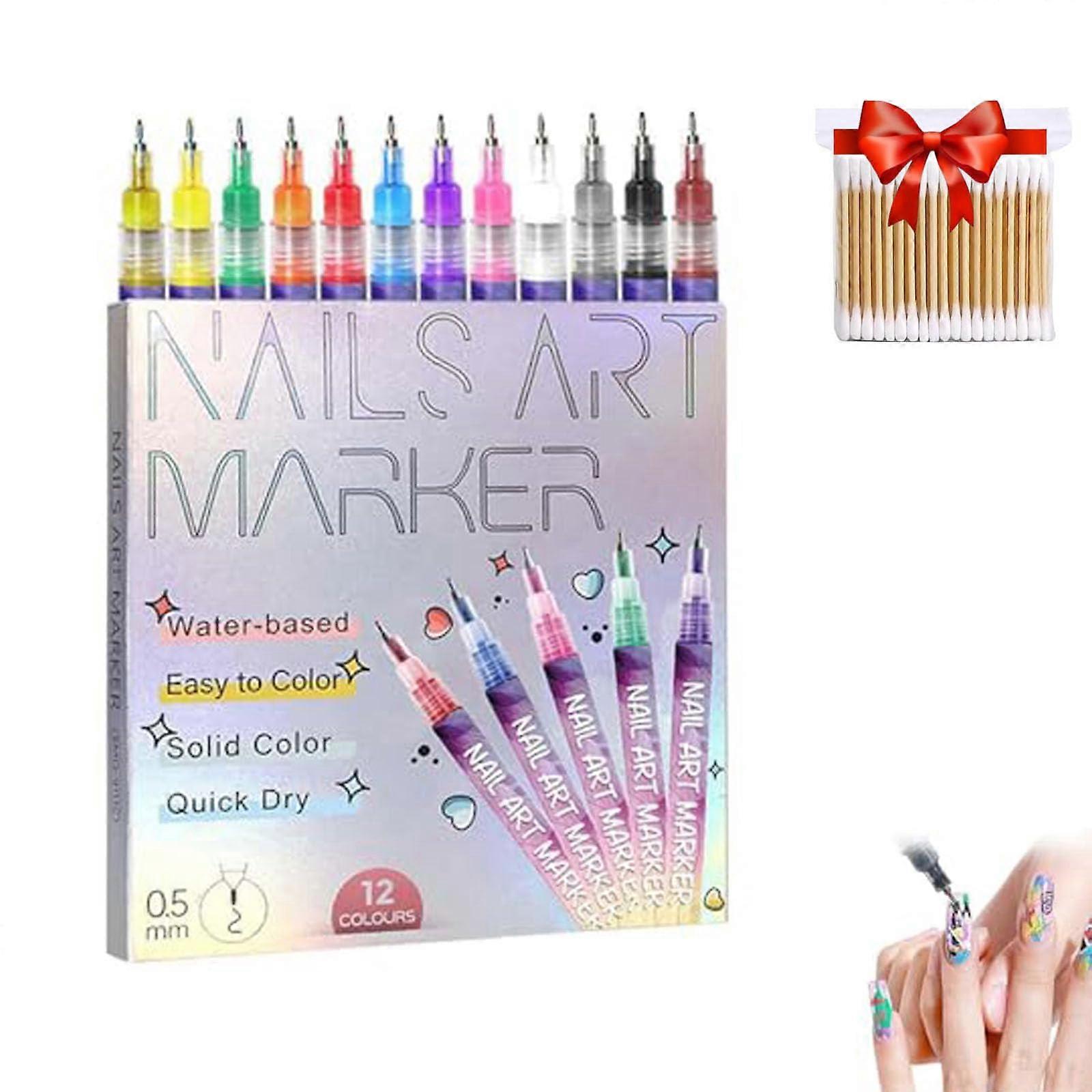 Nail Art Pens 12 Color Set with 0.5mm Precision Tip QuickDry Gel for 3D Nail Designs