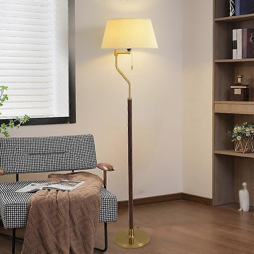 Modern Floor Lamp with Linen Shade, Adjustable ThreeColor Lighting, Slim Woodgrain Frame for Living Room