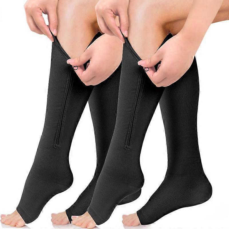 Tinylemon 2 Pairs Copper Zipper Compression Socks 15-20mmgh-Calf Knee High Open Toe Support Stocking Compression Stocking Practical Solution