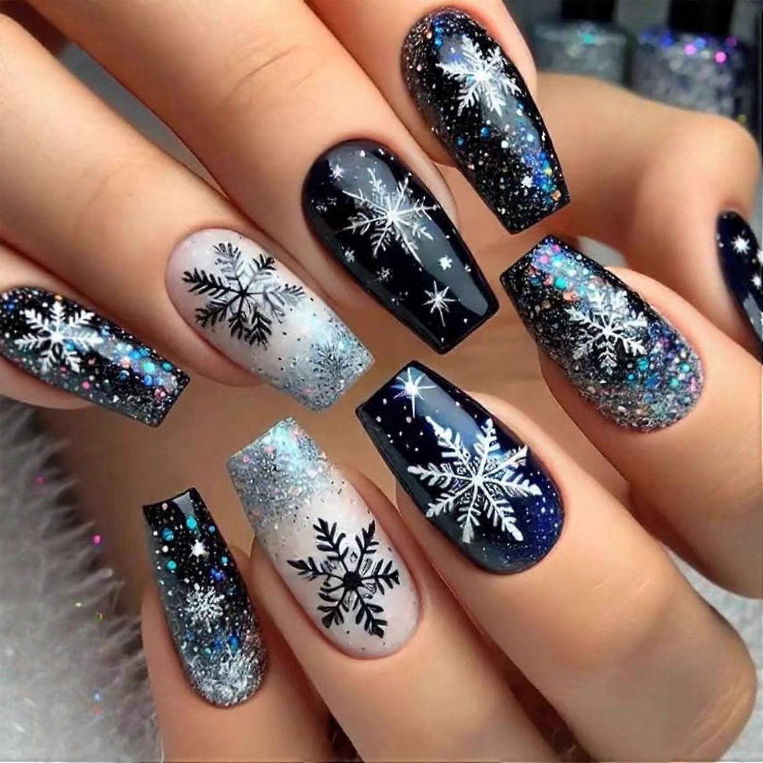 Christmas Press On Nails Set with Snowflake Design, 24Pcs Medium Square Glitter Gradient Fake Nails for Women