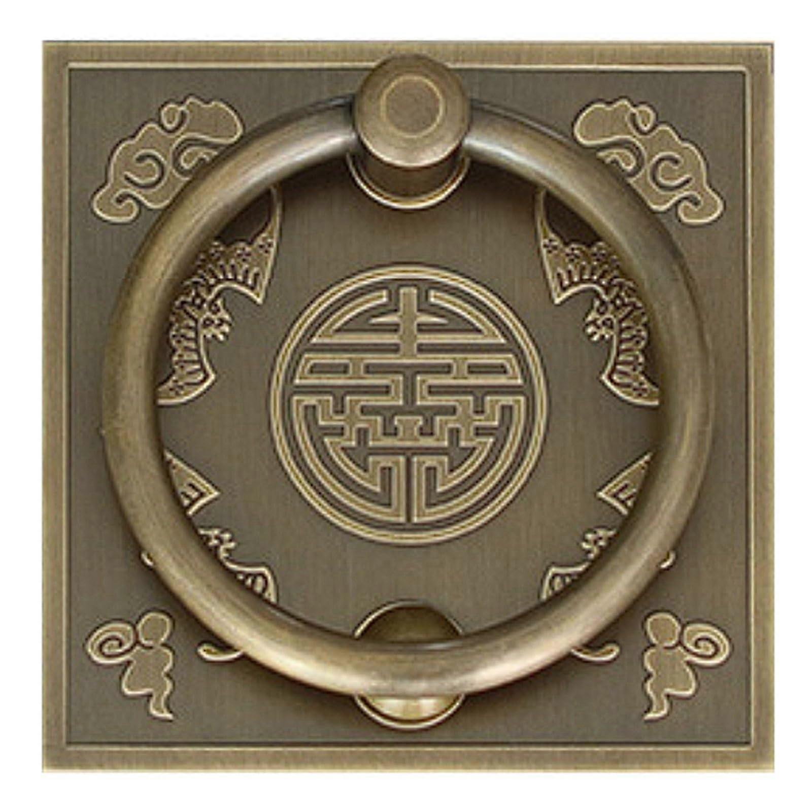 Chinese Antique Brass Door Ring Handle with Double Happiness Bat Pattern, Bronze 13cm Solid Pull