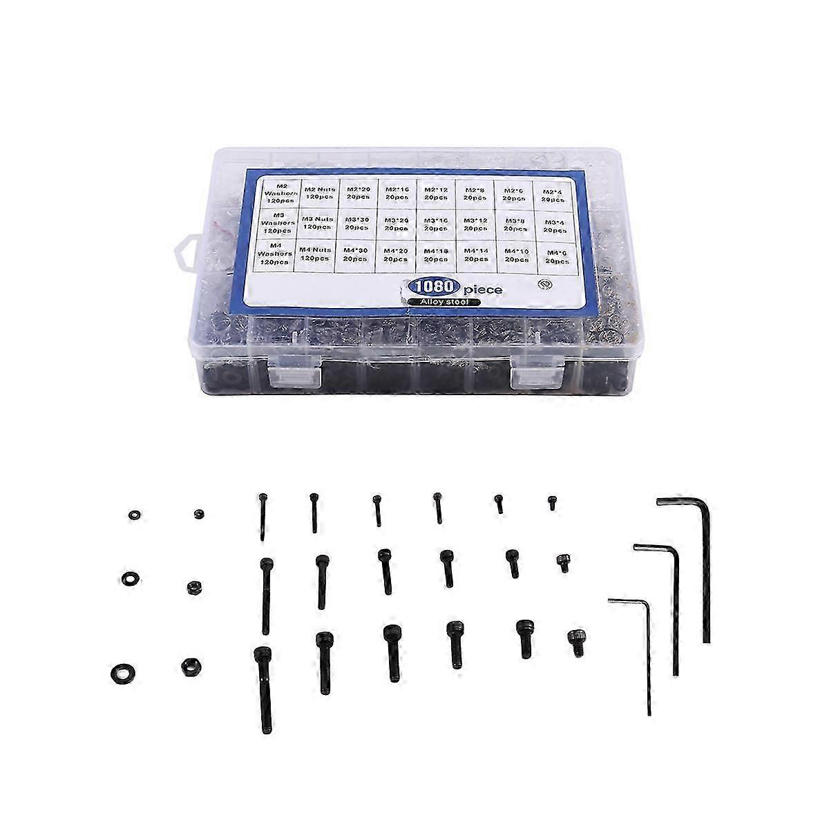 1080Pcs M2 M3 Hex Socket Head Cap Screws Hex Socket Machine Screws Bolts Nuts Washers Assortment Kit