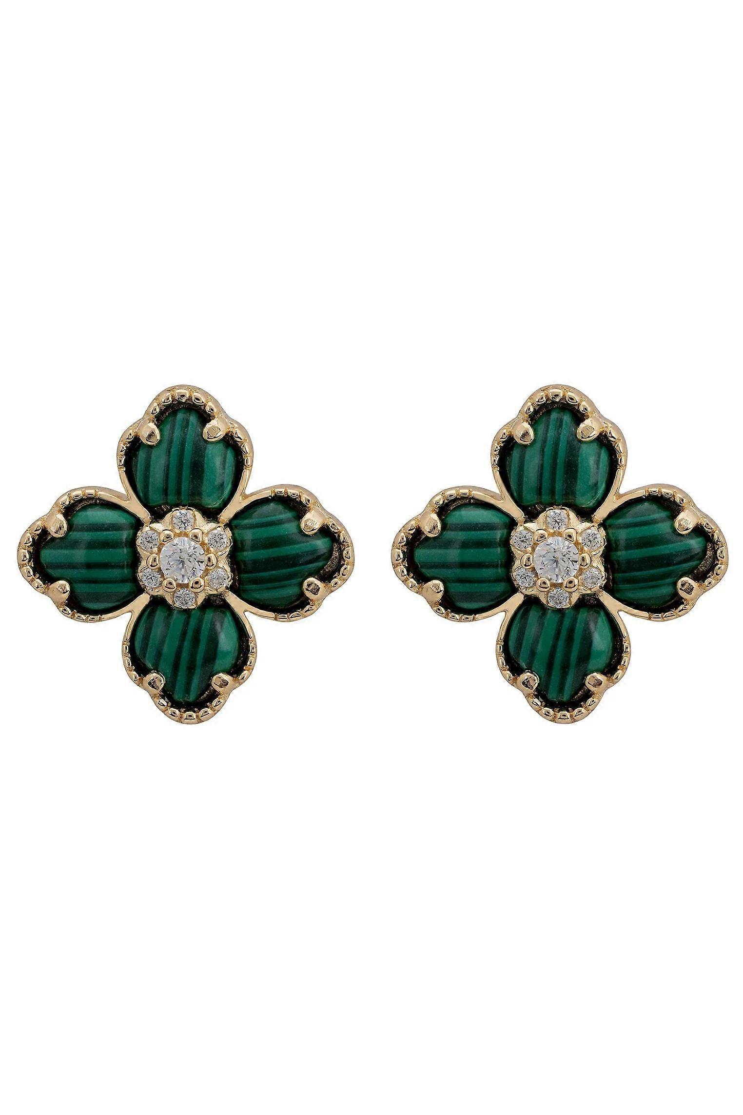 Latelita Flower Clover Stud Earrings in Gold - 925 Sterling Silver with Malachite and Zircons - Four-Leaf Clover Shape - Size: Unknown
