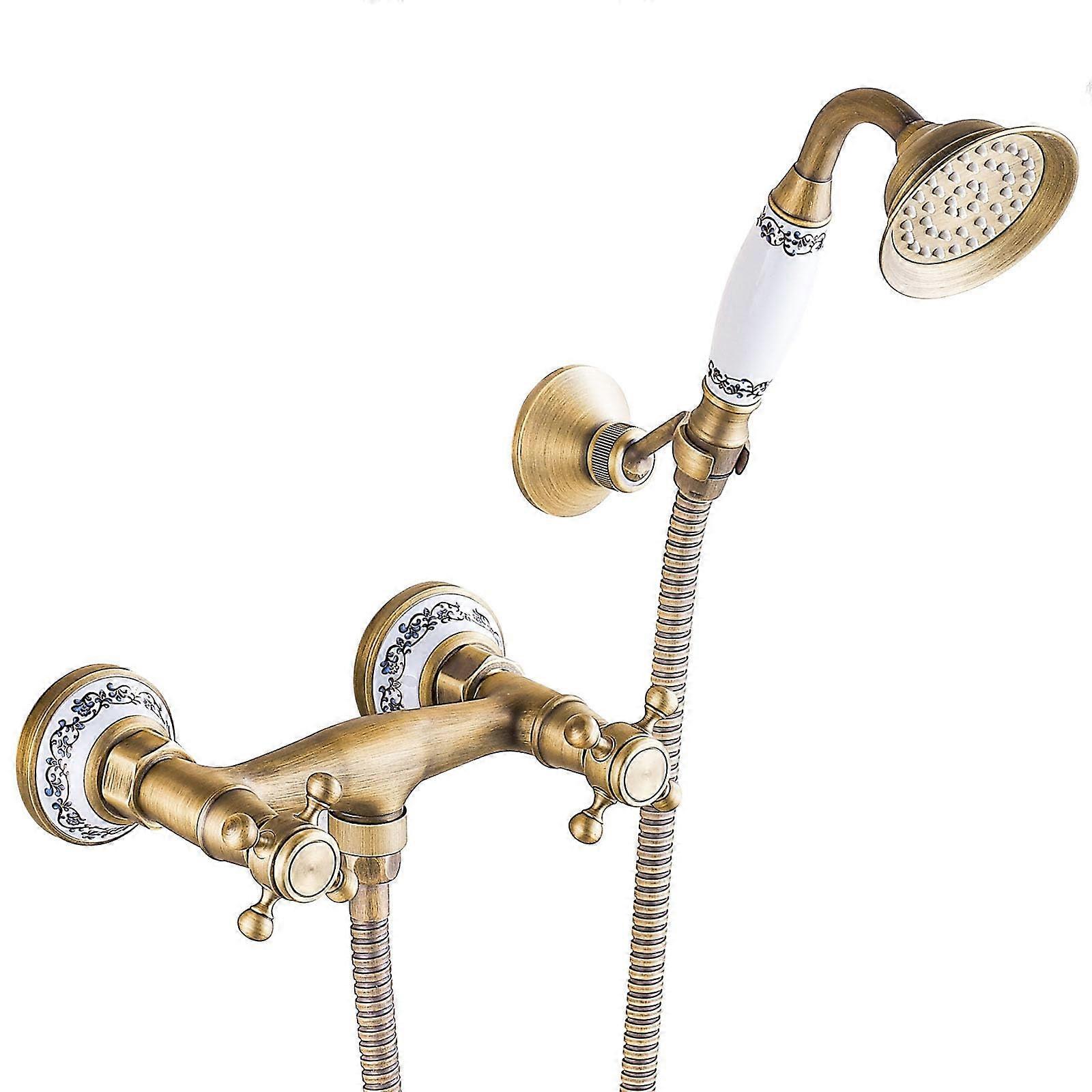 Antique Brass Wall Mounted Bath Mixer Tap with Handheld Shower Hose, Dual Handle Retro Design