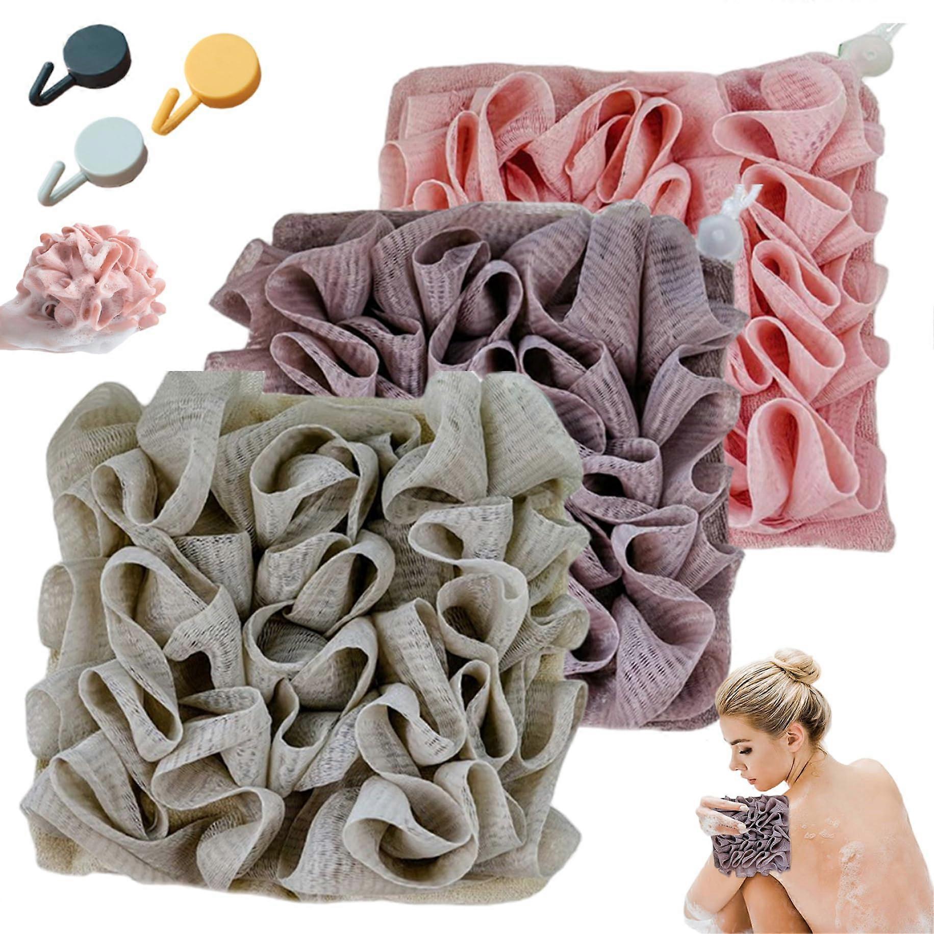 Loofah Soap Pouch 3 Pack Dual Sided Exfoliating Bath Sponge with Built In Soap Holder and Drawstring