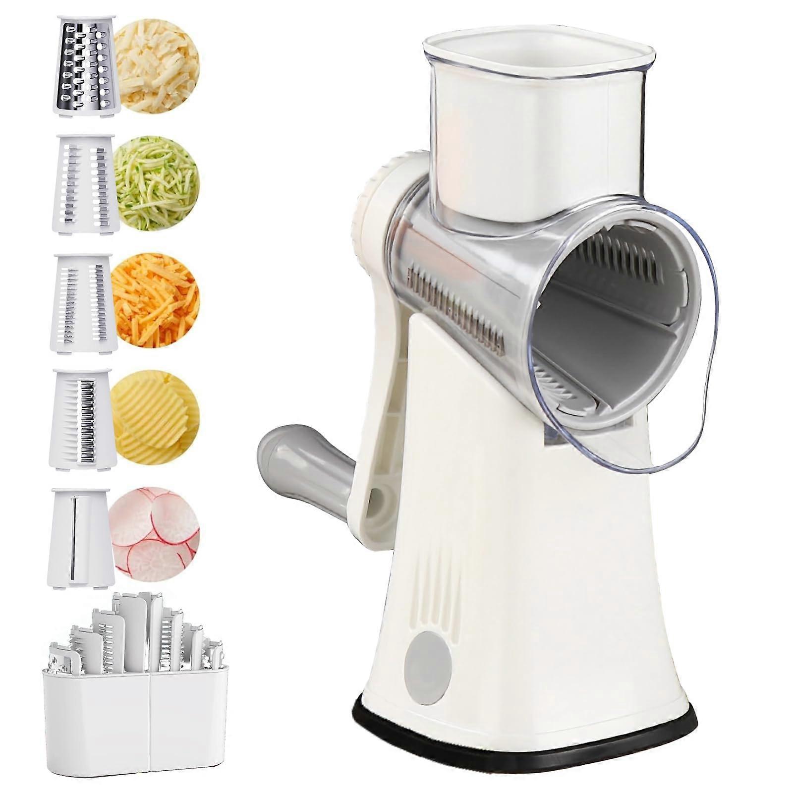 Rotary Cheese Grater with 5 Interchangeable Blades, Strong Suction Base Vegetable Slicer White