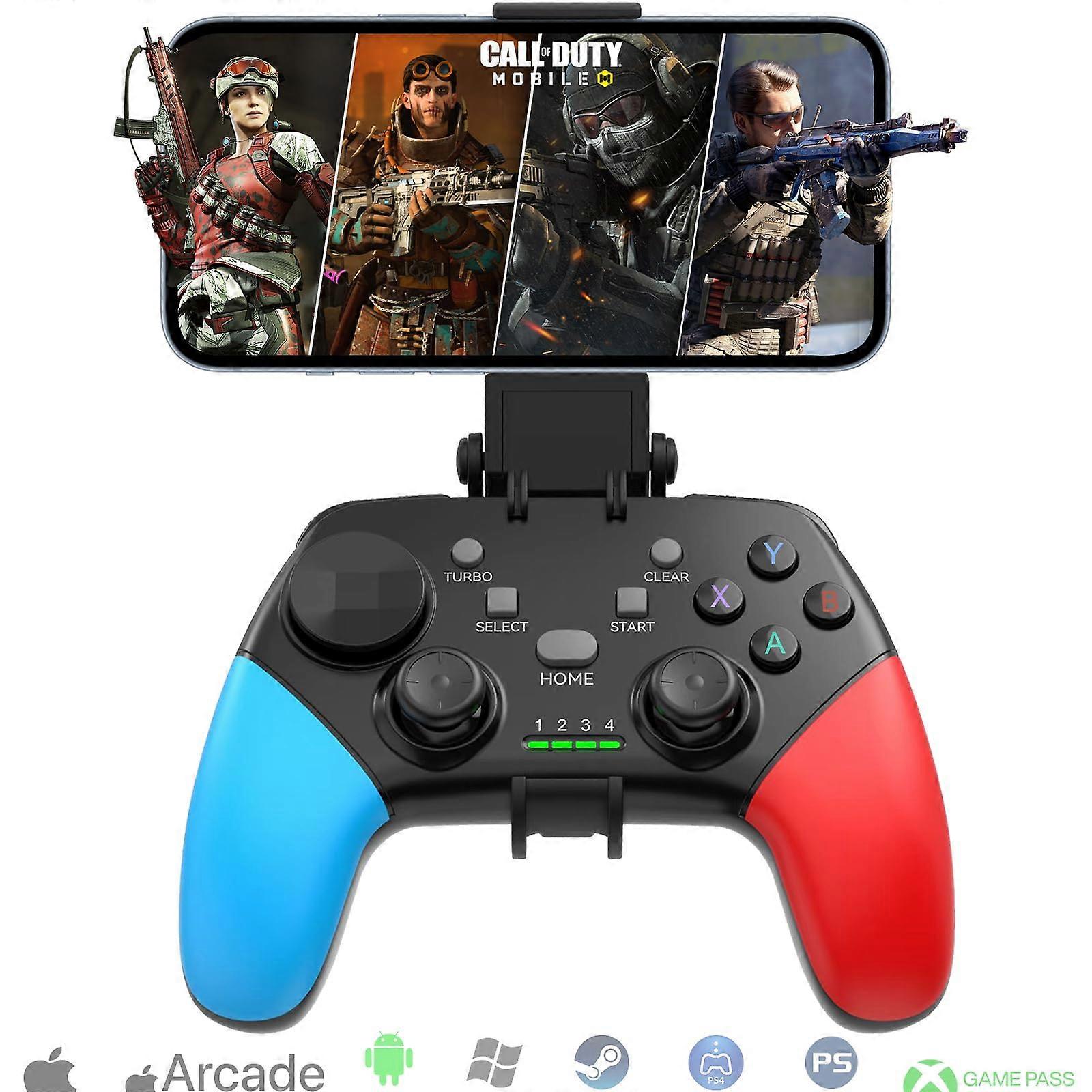Wireless Gaming Controller Bluetooth Gamepad for iPhone Android PC Switch with Phone Holder Blue Red