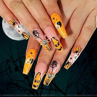 Halloween Press On Nails Long Coffin Fake Nails with Spider Web and Spider Charm Design 24Pcs