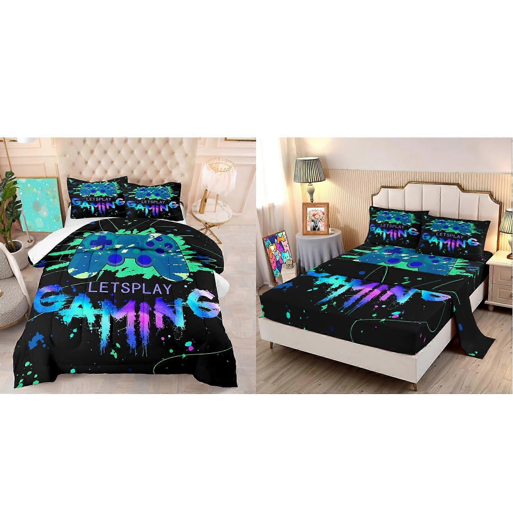 Gamer Bedding Set Twin Comforter and Sheet with Coordinated Video Game Design, Machine Washable