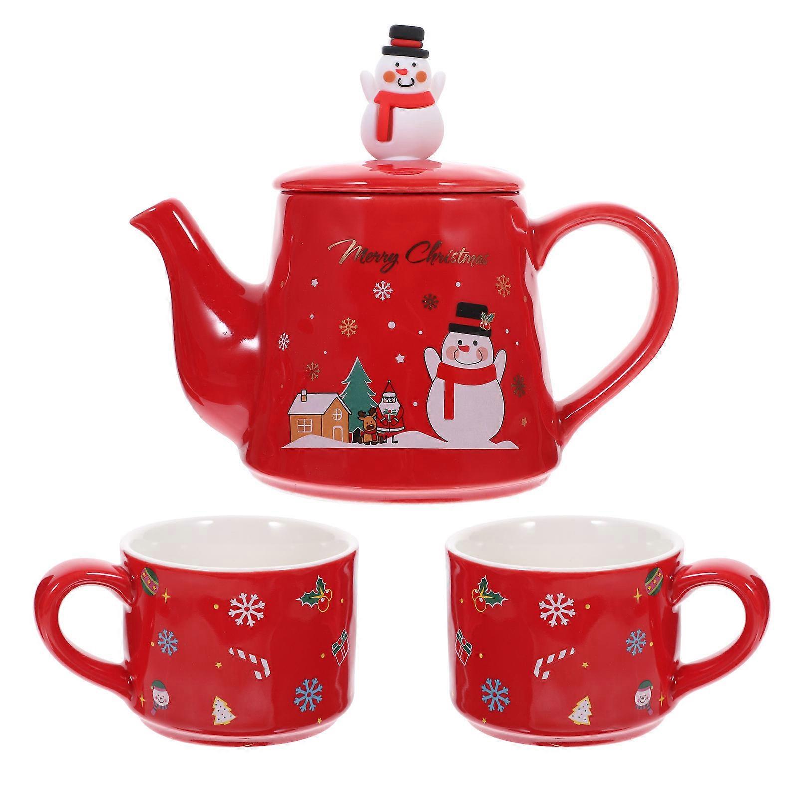 Red Ceramic Teaware Christmas Teapot Set for Storage 2Sets