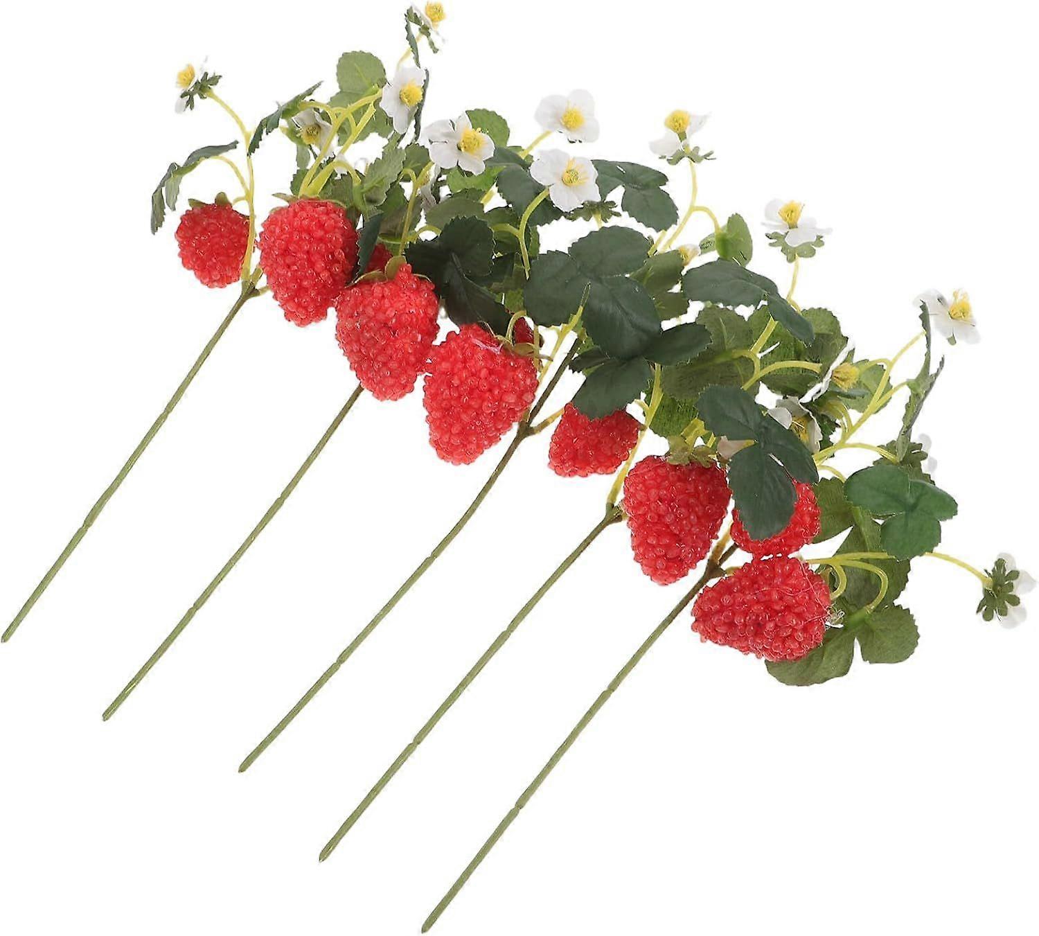 Artificial Strawberry Branches with Leaves 5pcs Lifelike