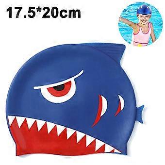 Bonnet de bain Kids-1 Pack Silicone Fun Swim Caps pour filles et garçons, Chapeaux de bain pour enfants avec requins de dessin animé-bleu royal