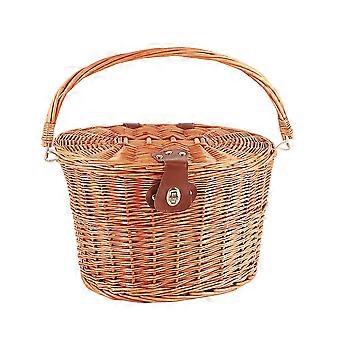 Bike Front Basket Wicker with Folding Lid Metal Lock Road Bike Basket Handmade Natural Rattan Bike Storage Basket