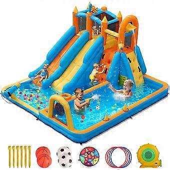 Opblaasbaar waterglijkasteel met 2 glijbanen, klimwand, basketbalhoepel, springhuis voor kindertuin, springkasteel voor zomer, buitenzwembad, feest me