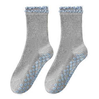Pilates sokken van katoen voor dames, antislip, ademend, yogasokken met dubbele gerimpelde rand en siliconen zool, mid-calf sokken voor yoga en dans.