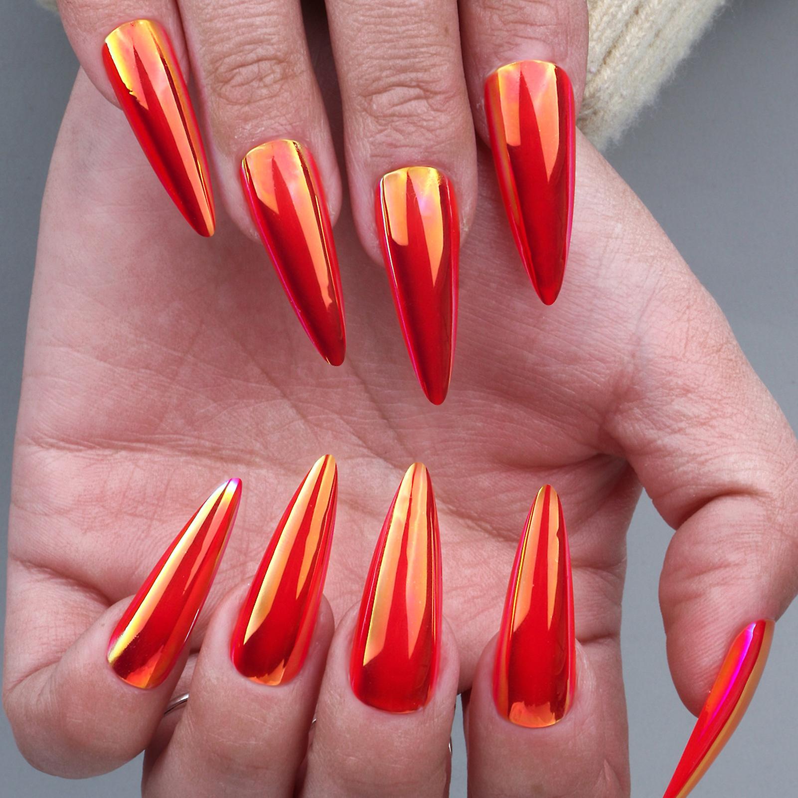 Glossy Red Long Artificial Nails Easy To Apply & Remove Nails