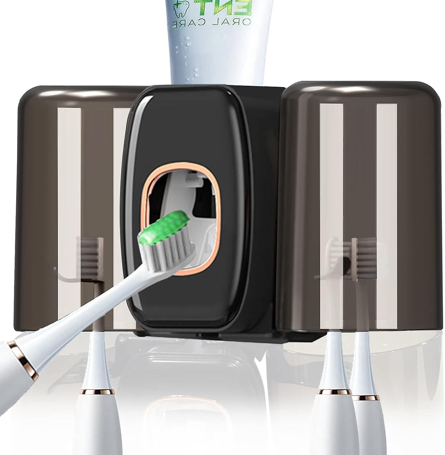 Toothpaste Dispenser Wall Mounted with Toothbrush Holder, Automatic Toothpaste Squeezer 2 Cup Toothbrush Holder Black